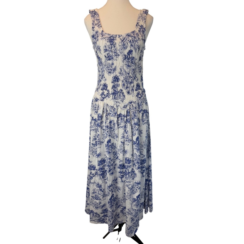 Meadow Rhodes Toile Smocked Maxi Dress Blue White Small French V Basque Waist